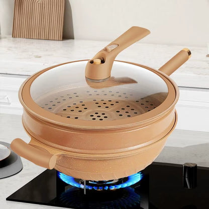 Popotte Wok en argile antiadhésif de 32CM avec panier vapeur, Wok en argile à Micro-pression, poêle à frire domestique antiadhésive multifonctionnelle à Induction