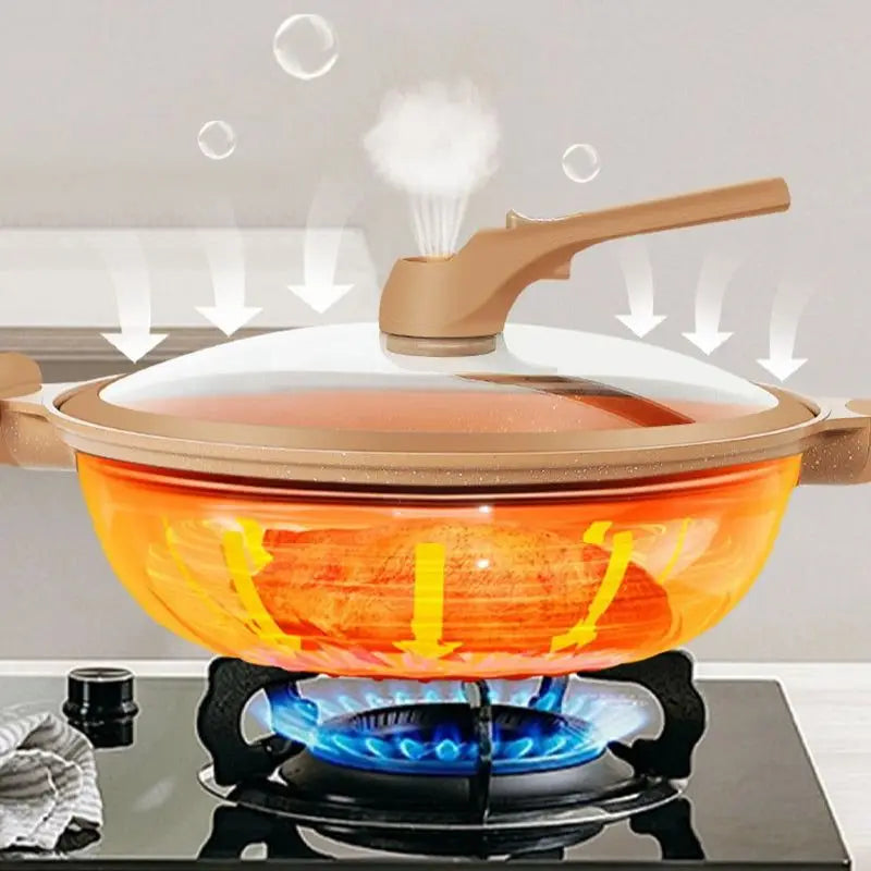 Popotte Wok en argile antiadhésif de 32CM avec panier vapeur, Wok en argile à Micro-pression, poêle à frire domestique antiadhésive multifonctionnelle à Induction