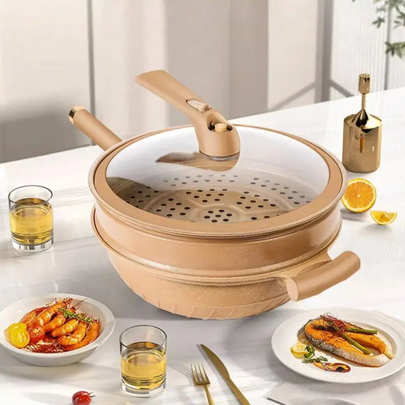 Popotte Wok en argile antiadhésif de 32CM avec panier vapeur, Wok en argile à Micro-pression, poêle à frire domestique antiadhésive multifonctionnelle à Induction